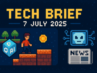 Tech Brief - 7 July 2025 featuring visuals of blockchain gaming, AI technology, and UK media challenges to represent the latest tech trends.