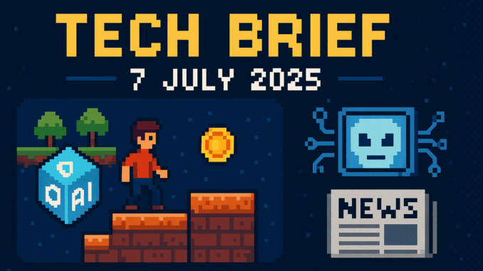 Tech Brief - 7 July 2025 featuring visuals of blockchain gaming, AI technology, and UK media challenges to represent the latest tech trends.