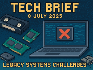 Tech Brief – 8 July 2025 feature image showing VHS tapes, memory chips, and modern technology to depict legacy system challenges in the digital era