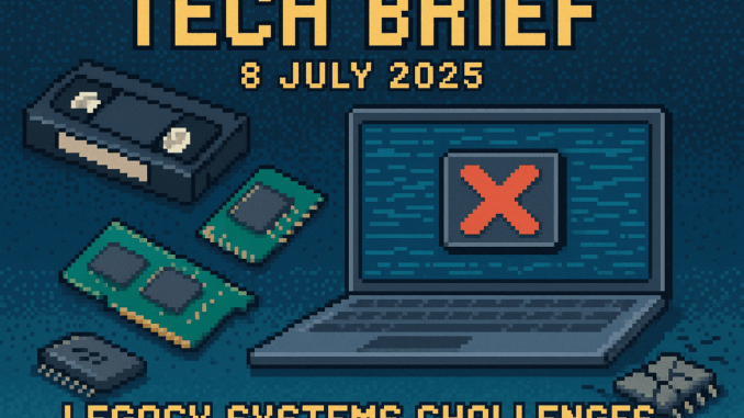 Tech Brief – 8 July 2025 feature image showing VHS tapes, memory chips, and modern technology to depict legacy system challenges in the digital era