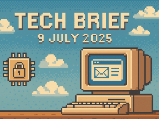 Tech Brief - 9 July 2025 showcases an 8-bit pixel art composition featuring a vintage computer with an email client, a CPU chip adorned with a security lock, and cloud icons, illustrating the primary themes of technological updates and security in computing.