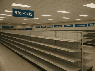 Whatever happened to Maplin: an image of an empty electronics store featuring empty shelves with product labels, conveying nostalgia and the impact of its closure.