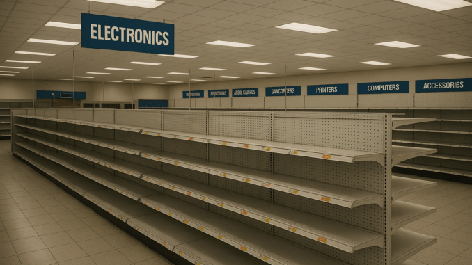 Whatever happened to Maplin: an image of an empty electronics store featuring empty shelves with product labels, conveying nostalgia and the impact of its closure.
