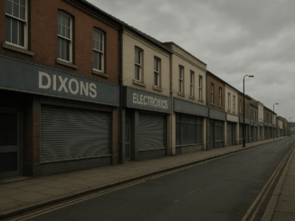 Whatever happened to Dixons: A visually somber depiction of a deserted British high street with closed electronics shops, under grey overcast skies, capturing the decline of physical retail stores.