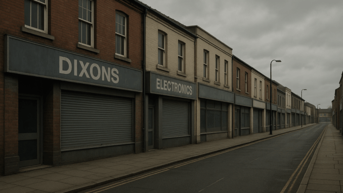 whatever-happened-to-dixons Whatever happened to Dixons: A visually somber depiction of a deserted British high street with closed electronics shops, under grey overcast skies, capturing the decline of physical retail stores.