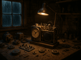 Clockwork Radio in a rustic shed showing a cluttered workbench with mechanical parts and a half-assembled radio, rain visible through a window in the background.
