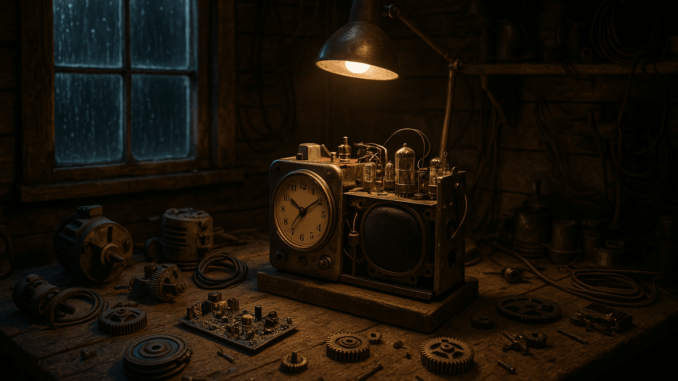 clockwork-radio-invention Clockwork Radio in a rustic shed showing a cluttered workbench with mechanical parts and a half-assembled radio, rain visible through a window in the background.