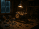 Clockwork Radio in a rustic shed showing a cluttered workbench with mechanical parts and a half-assembled radio, rain visible through a window in the background.