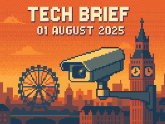 Tech Brief 01 August 2025 depicted in an 8-bit style with a CCTV camera symbolising surveillance in present-day London, with iconic landmarks like the London Eye in the backdrop.