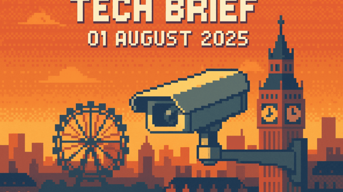 tech-brief-01-august-2025-facial-recognition Tech Brief 01 August 2025 depicted in an 8-bit style with a CCTV camera symbolising surveillance in present-day London, with iconic landmarks like the London Eye in the backdrop.
