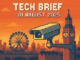 Tech Brief 01 August 2025 depicted in an 8-bit style with a CCTV camera symbolising surveillance in present-day London, with iconic landmarks like the London Eye in the backdrop.