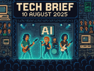 Tech Brief 10 August 2025 shows an 8-bit pixel art of a digital concert with AI avatars of rock icons on a stage, surrounded by vintage computers and a pixelated crowd, emphasizing the theme of digital ethics in technology.