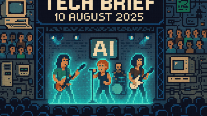 tech-brief-10-august-2025-ai-concert-controversy Tech Brief 10 August 2025 shows an 8-bit pixel art of a digital concert with AI avatars of rock icons on a stage, surrounded by vintage computers and a pixelated crowd, emphasizing the theme of digital ethics in technology.