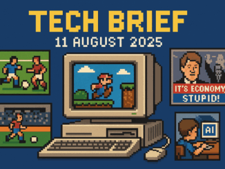 Tech Brief 11 August 2025 featuring a pixel art depiction of a vintage computer with scenes of indie games, political memes, and AI used by a child, all in retro style