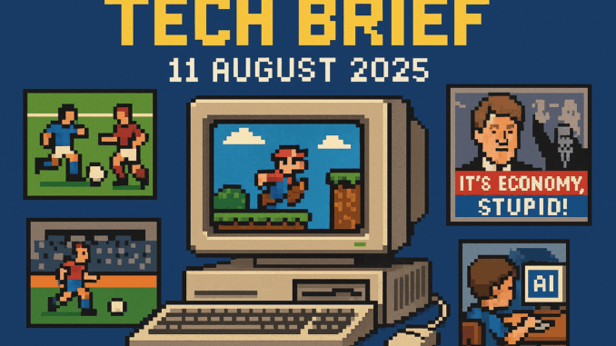 Tech Brief 11 August 2025 featuring a pixel art depiction of a vintage computer with scenes of indie games, political memes, and AI used by a child, all in retro style
