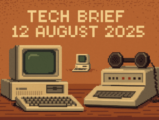 Tech Brief 12 August 2025 shows an 8-bit style pixel art image featuring a nostalgic computing setup with an early modem and an IBM personal computer, indicating key technological evolutions mentioned in the digest.