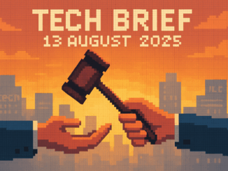 Tech Brief 13 August 2025 pixel art showing a gavel being handed between two outstretched hands, representing leadership change, with silhouettes of tech-company-like buildings in the background.