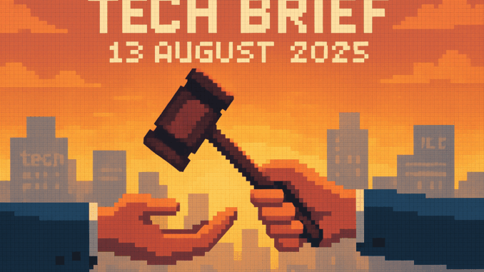 tech-brief-13-august-2025-github-tesla-change Tech Brief 13 August 2025 pixel art showing a gavel being handed between two outstretched hands, representing leadership change, with silhouettes of tech-company-like buildings in the background.