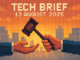 Tech Brief 13 August 2025 pixel art showing a gavel being handed between two outstretched hands, representing leadership change, with silhouettes of tech-company-like buildings in the background.