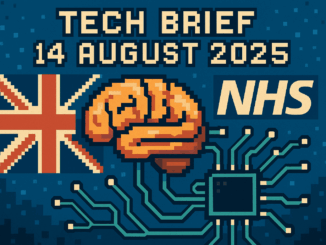 Tech Brief 14 August 2025 illustrated in an 8-bit pixel art style featuring a human brain connected to computer circuitry with NHS and British symbols in the background, highlighting the theme of advanced brain implants in medical technology