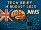 Tech Brief 14 August 2025 illustrated in an 8-bit pixel art style featuring a human brain connected to computer circuitry with NHS and British symbols in the background, highlighting the theme of advanced brain implants in medical technology