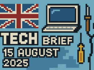 Tech Brief 15 August 2025 featuring an 8-bit pixel art with a British flag, pixelated computer, and tools for device repair like a screwdriver and soldering iron, highlighting the theme of changes in Britain's digital landscape.
