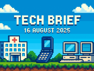 Tech Brief 16 August 2025 depicted in a pixel art style with vibrant colours, featuring digital innovation elements like a hospital, flip phone, and computers, in an 8-bit graphics theme