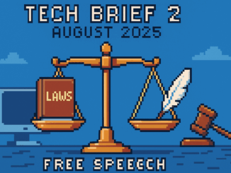 Tech Brief 2 August 2025 depicted in retro 8-bit pixel art showing a balance scale with 'Laws' and 'Free Speech', accompanied by a computer and a gavel symbolising digital governance.