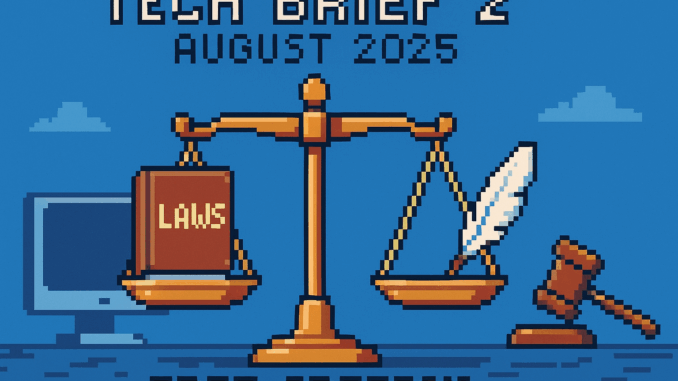 tech-brief-2-august-2025-regulation-free-speech Tech Brief 2 August 2025 depicted in retro 8-bit pixel art showing a balance scale with 'Laws' and 'Free Speech', accompanied by a computer and a gavel symbolising digital governance.