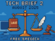 Tech Brief 2 August 2025 depicted in retro 8-bit pixel art showing a balance scale with 'Laws' and 'Free Speech', accompanied by a computer and a gavel symbolising digital governance.