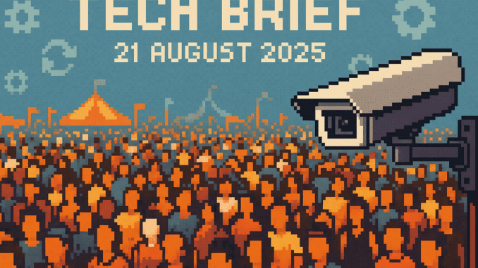 Tech Brief 21 August 2025 showing a pixel art scene of a crowded festival with a large surveillance camera and subtle icons of gears and arrows, symbolising technology updates and surveillance.