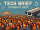Tech Brief 21 August 2025 showing a pixel art scene of a crowded festival with a large surveillance camera and subtle icons of gears and arrows, symbolising technology updates and surveillance.