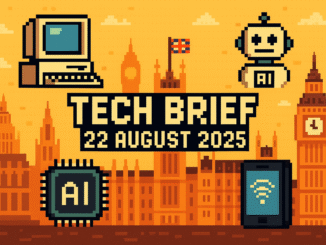 Tech Brief 22 August 2025, an 8-bit pixel art showing computing hardware, AI symbols, and iconic British architecture highlighting the UK's tech evolution and challenges.