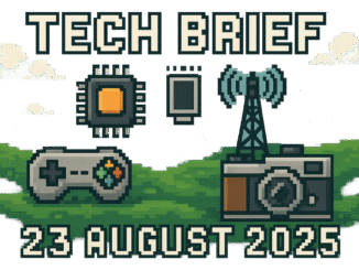 Tech Brief 23 August 2025 represented in 8-bit pixel art, featuring symbolic items like a gaming controller, microchip, cell phone tower, and an old film camera, with the title prominently displayed.
