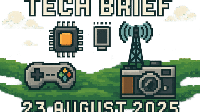 Tech Brief 23 August 2025 represented in 8-bit pixel art, featuring symbolic items like a gaming controller, microchip, cell phone tower, and an old film camera, with the title prominently displayed.