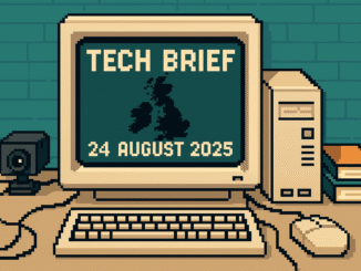 Tech Brief 24 August 2025 features an 8-bit pixel art scene with a pixelated computer screen showing a UK map, a mouse, wires, and elements symbolising AI and surveillance, emphasizing a retro tech news theme.