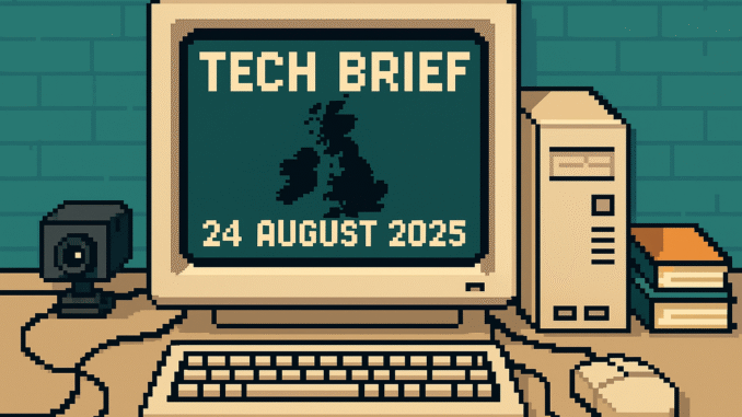 Tech Brief 24 August 2025 features an 8-bit pixel art scene with a pixelated computer screen showing a UK map, a mouse, wires, and elements symbolising AI and surveillance, emphasizing a retro tech news theme.