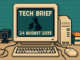 Tech Brief 24 August 2025 features an 8-bit pixel art scene with a pixelated computer screen showing a UK map, a mouse, wires, and elements symbolising AI and surveillance, emphasizing a retro tech news theme.