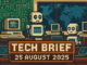 Tech Brief 25 August 2025 shows a vintage tech newsroom with 8-bit styled computers and AI units, a banner stating the date, and subtle symbols of global tech evolution.