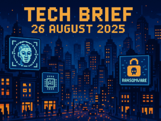 Tech Brief 26 August 2025 represented in an 8-bit pixel art image showcasing a digital cityscape with facial recognition, AI icons, and ransomware symbols blended into a bustling night-time setting.