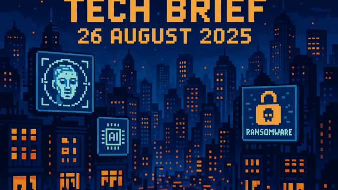 tech-brief-26-august-2025 Tech Brief 26 August 2025 represented in an 8-bit pixel art image showcasing a digital cityscape with facial recognition, AI icons, and ransomware symbols blended into a bustling night-time setting.