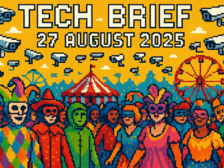 Tech Brief 27 August 2025 featuring an 8-bit pixel art of Notting Hill Carnival with attendees in colourful costumes under surveillance cameras, illustrating the blend of celebration and privacy concerns.