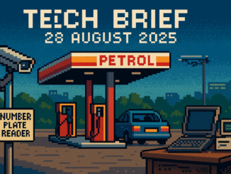 Tech Brief 28 August 2025 showing a pixel art illustration of a modern British petrol station equipped with custom DIY security systems, reflecting themes of independence and technological ingenuity in the 1980s style.