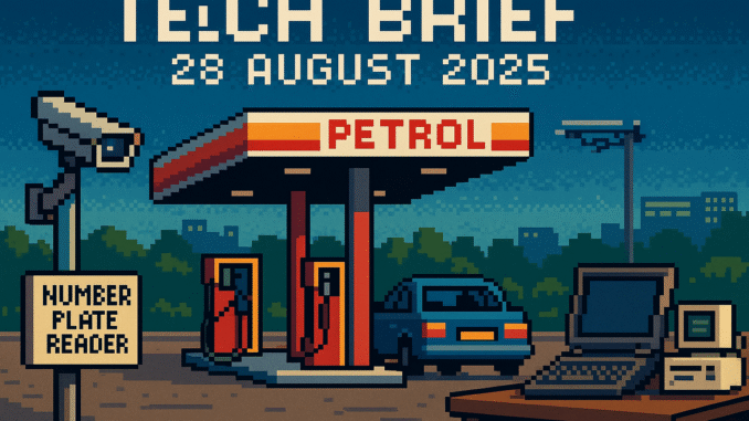 tech-brief-28-august-2025-uk-petrol-theft Tech Brief 28 August 2025 showing a pixel art illustration of a modern British petrol station equipped with custom DIY security systems, reflecting themes of independence and technological ingenuity in the 1980s style.
