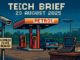 Tech Brief 28 August 2025 showing a pixel art illustration of a modern British petrol station equipped with custom DIY security systems, reflecting themes of independence and technological ingenuity in the 1980s style.
