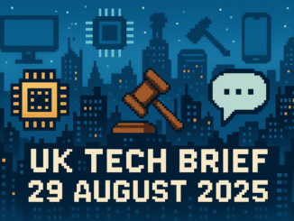 Tech Brief 29 August 2025 features an 8-bit pixel art of a digital cityscape with elements like microchips, a gavel, and a speech bubble, symbolising the UK tech scene and regulatory environment.