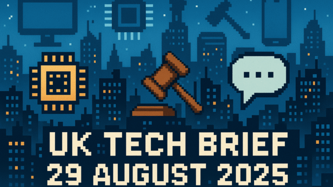 Tech Brief 29 August 2025 features an 8-bit pixel art of a digital cityscape with elements like microchips, a gavel, and a speech bubble, symbolising the UK tech scene and regulatory environment.
