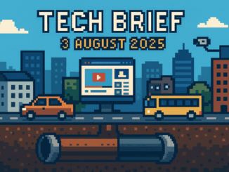Tech Brief 3 August 2025 shows a pixel art cityscape with an underground pipeline installation, a busy, intact city street above, a computer screen with YouTube, and a CCTV camera, reflecting diverse technology impacts.