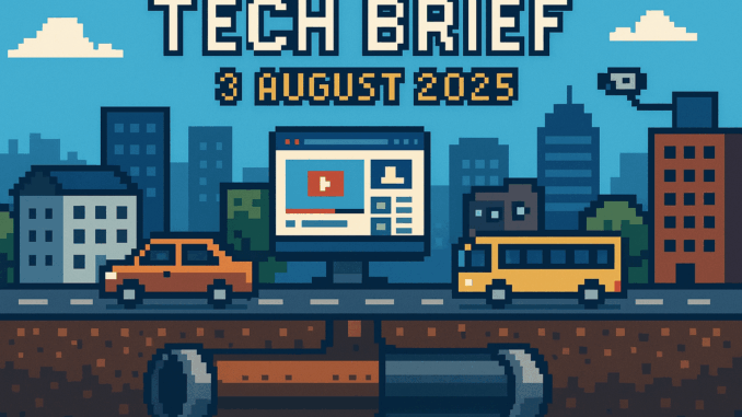 tech-brief-3-august-2025-urban-infrastructure Tech Brief 3 August 2025 shows a pixel art cityscape with an underground pipeline installation, a busy, intact city street above, a computer screen with YouTube, and a CCTV camera, reflecting diverse technology impacts.