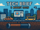 Tech Brief 3 August 2025 shows a pixel art cityscape with an underground pipeline installation, a busy, intact city street above, a computer screen with YouTube, and a CCTV camera, reflecting diverse technology impacts.